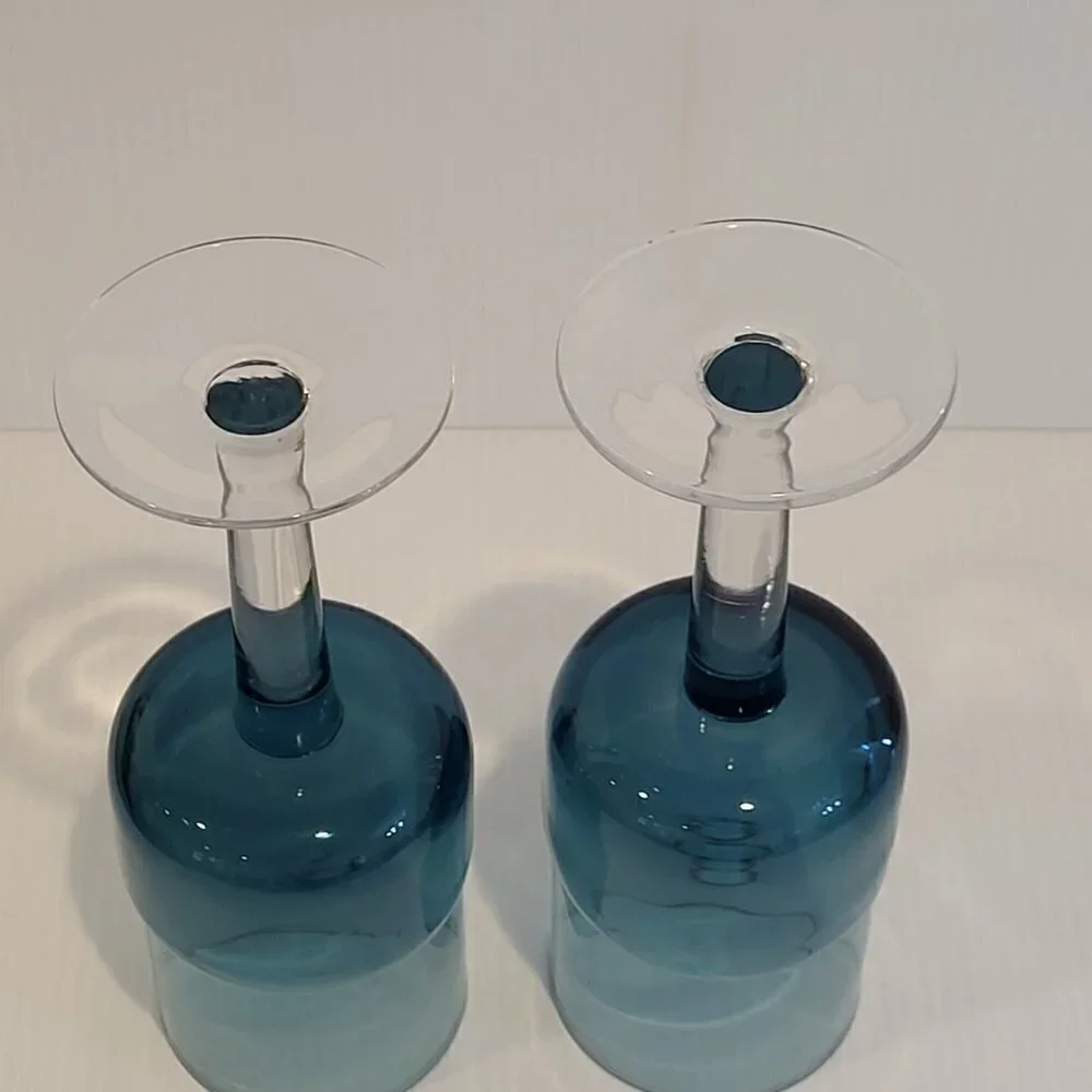 Pier 1 Goblet Blue Water 12 Oz Double Dip Mouth Blown MCM Style Wine Glass Pair